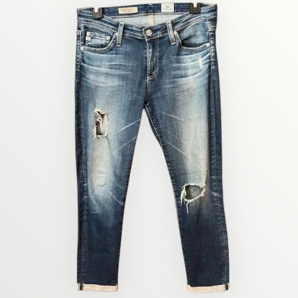AG Adriano Goldschmied The Stilt Cigarette Roll Up Distressed Jeans Size 28